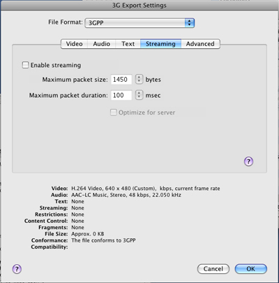 PcP Encodings - iPod - Streaming Settings